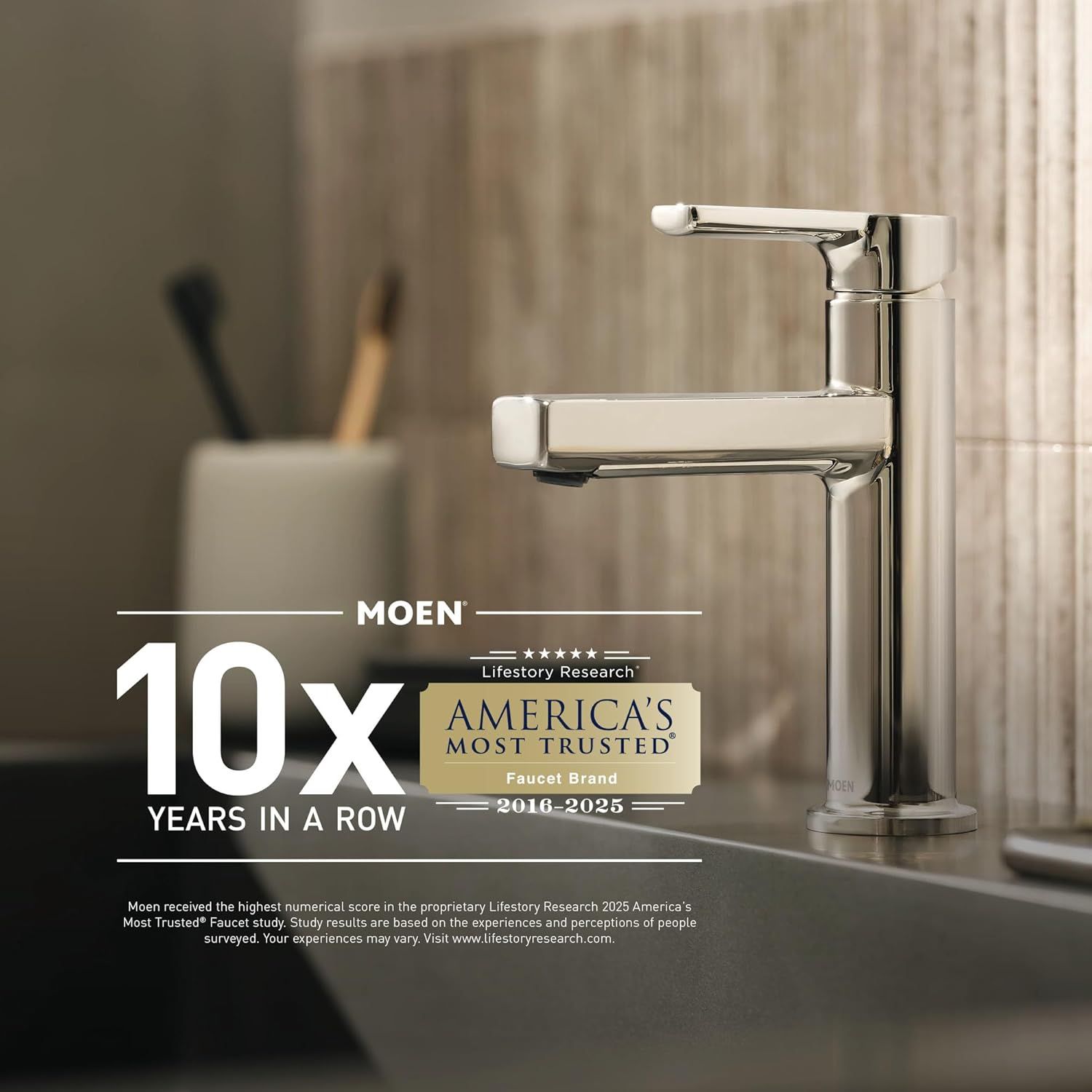 Communicates brand credibility and trust by showcasing that Moen has been recognized as America's Most Trusted Faucet Brand for 10 consecutive years based on Lifestory Research.
