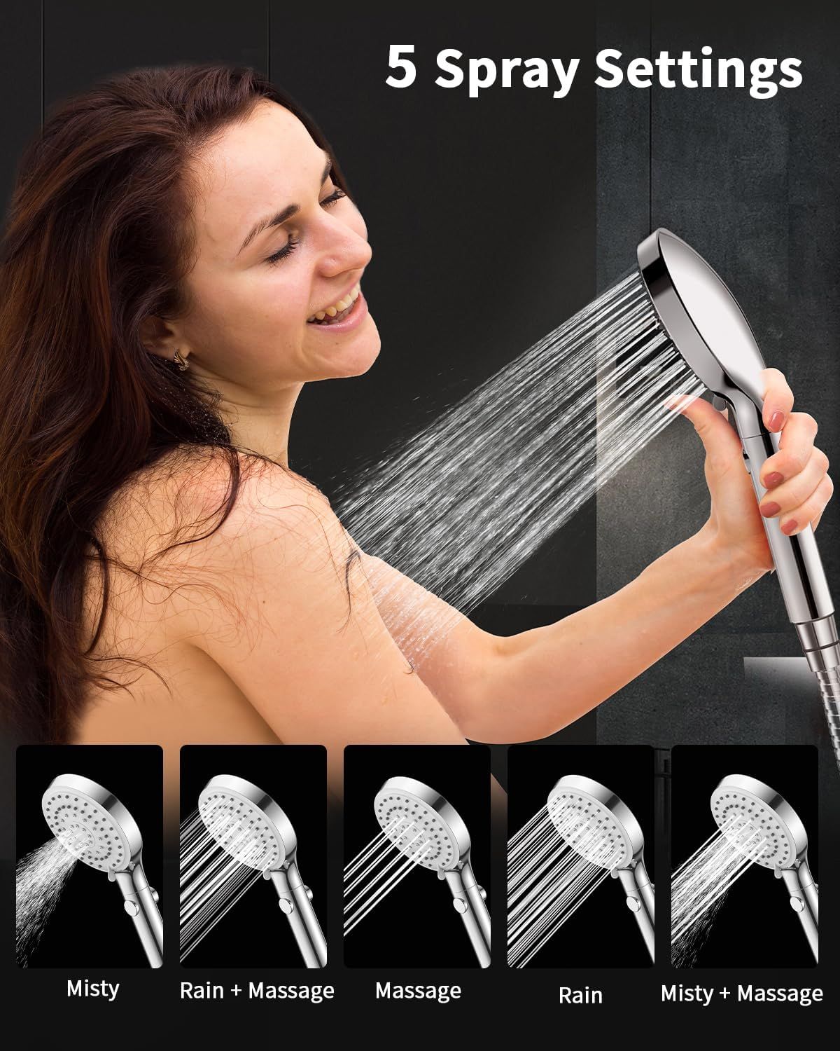 Highlights the product's versatility with five different spray modes (Misty, Rain + Massage, Massage, Rain, Misty + Massage) to communicate customizable shower experience and user control.