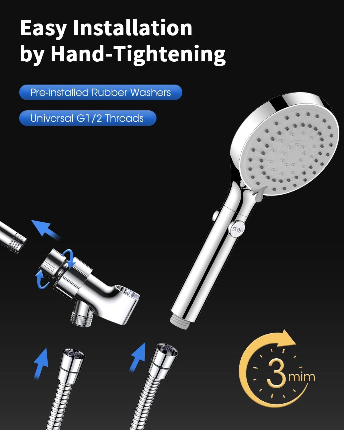 Demonstrates the simple installation process of the showerhead, emphasizing that it can be installed by hand-tightening in just 3 minutes with pre-installed rubber washers and universal G1/2…