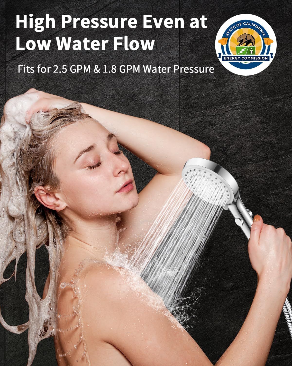 Communicates that the showerhead maintains strong water pressure even with low-flow water systems (2.5 GPM and 1.8 GPM), reassuring shoppers they won't sacrifice performance for water efficiency.…