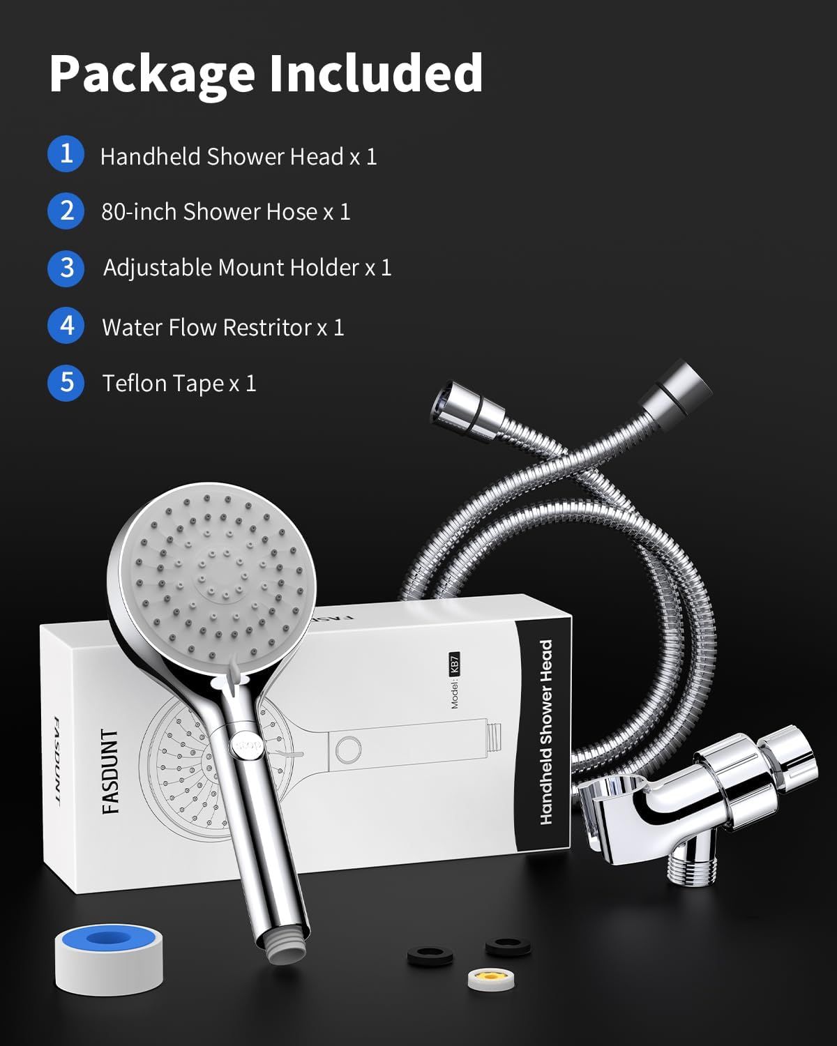 Shows all components included in the package to help shoppers understand exactly what they will receive: handheld shower head, hose, mount holder, flow restrictor, and teflon tape.