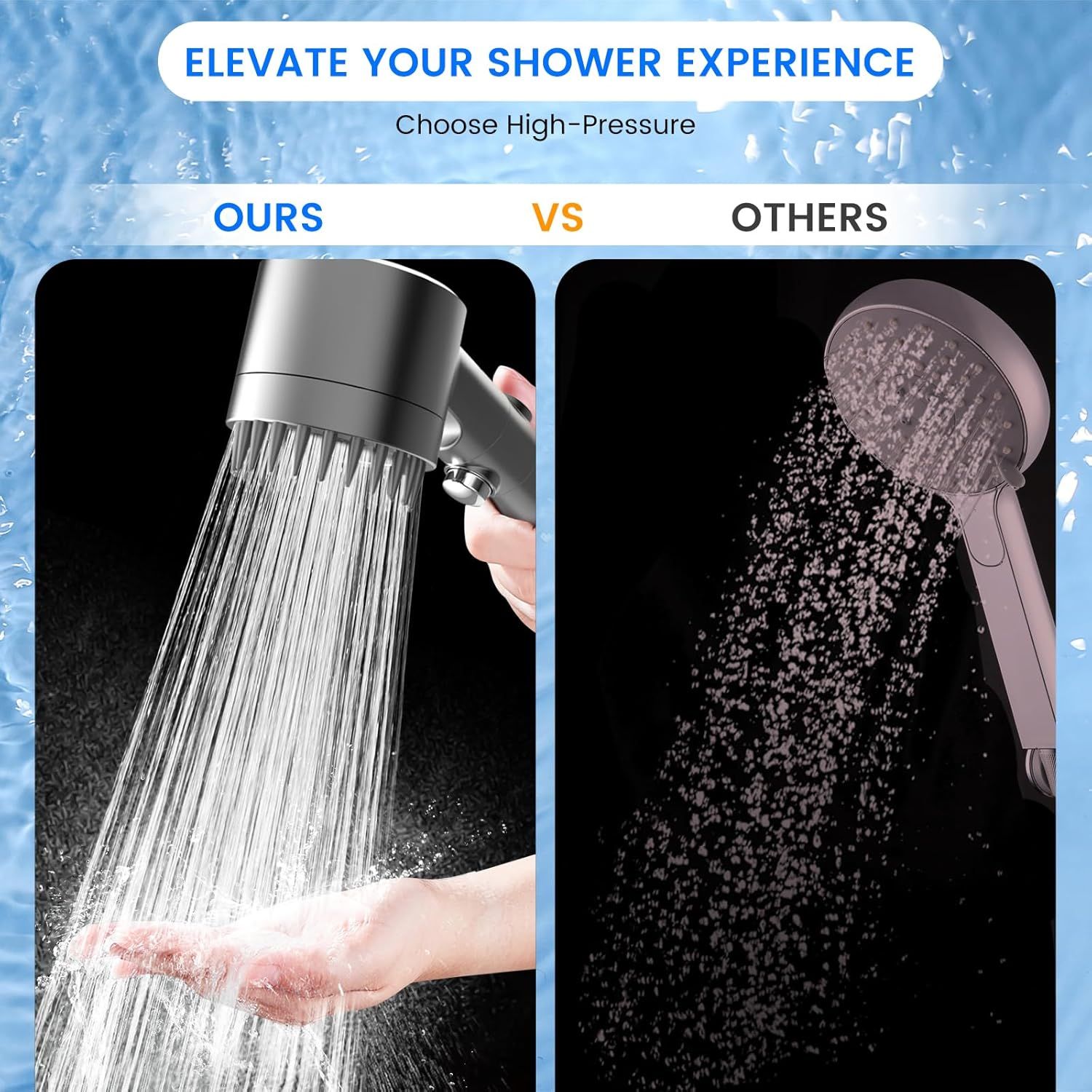 Demonstrates the superior high-pressure water flow and coverage of this shower head compared to competing products, reassuring shoppers of better performance and shower experience.