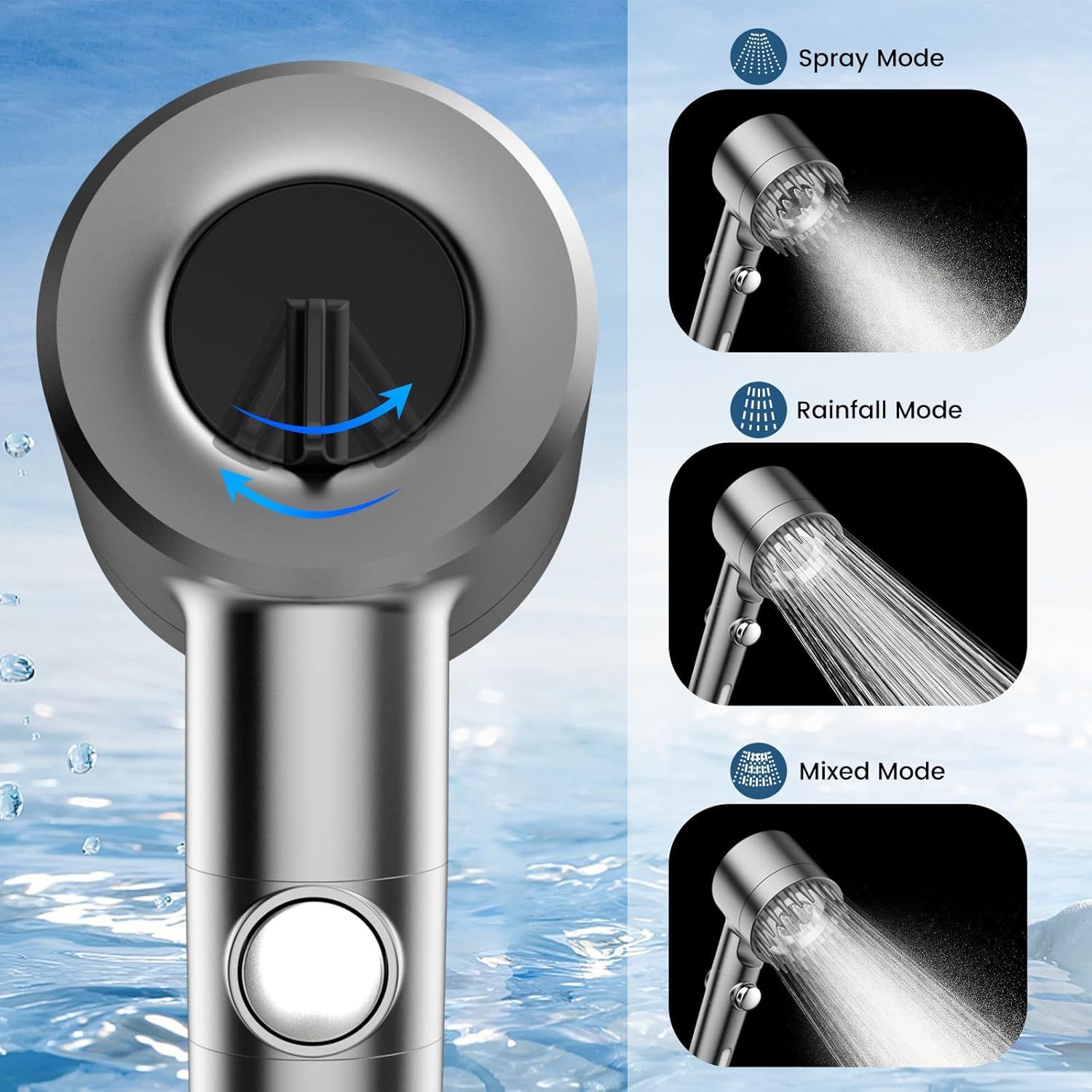 Demonstrates the product's versatility by showing three different water spray modes available, helping shoppers understand the multiple use scenarios and customization options.