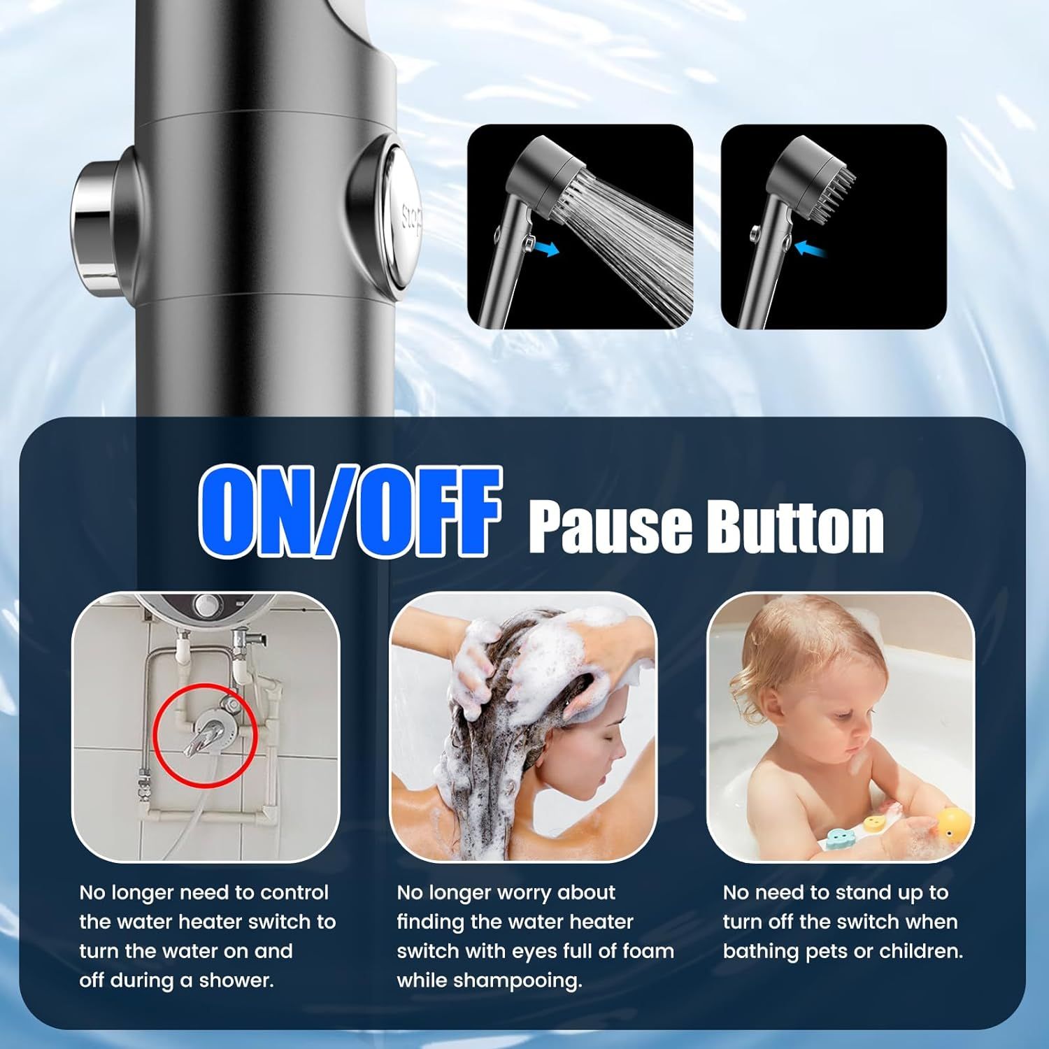 Demonstrates how the ON/OFF pause button feature works and explains multiple convenient use cases where users can pause water flow without adjusting the main water heater switch. Shows three…