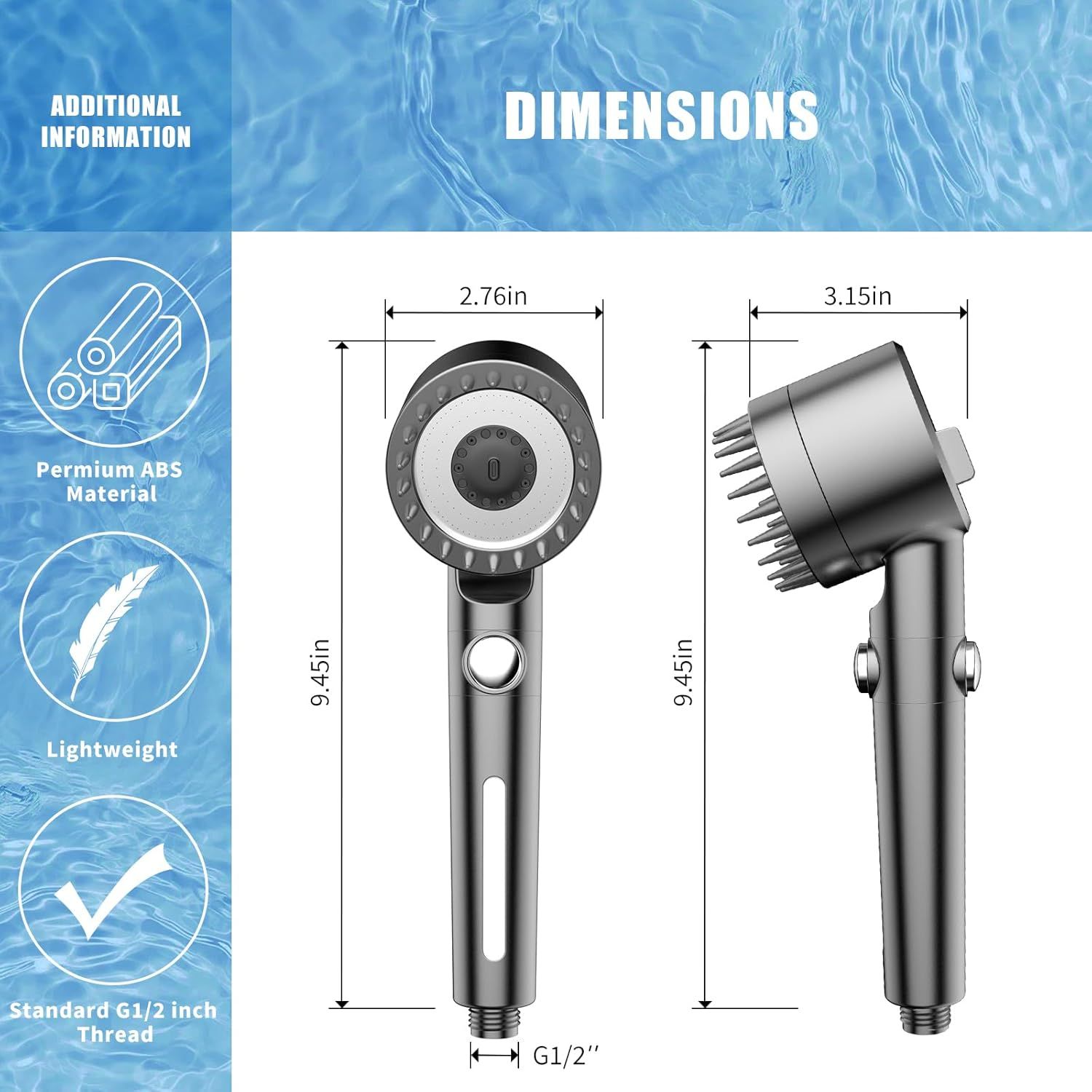 Communicates the exact physical measurements of the product (height, width, thread size) to help shoppers understand its size and compatibility with standard fittings.