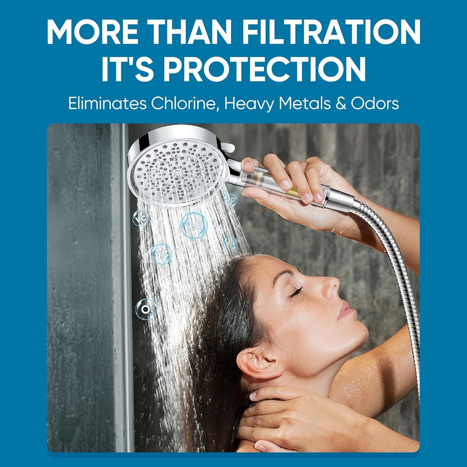 Communicates that the showerhead provides advanced water filtration that eliminates chlorine, heavy metals, and odors, offering protection beyond basic filtration for healthier showering.