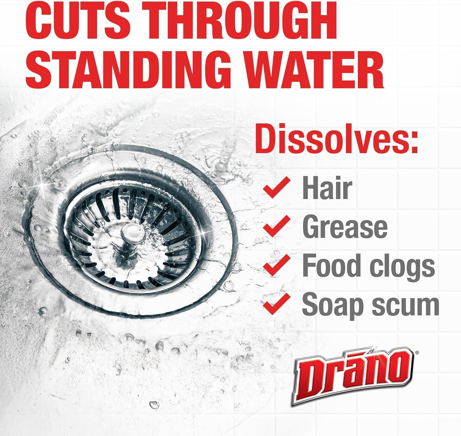 Communicates the product's ability to cut through standing water and dissolve multiple types of drain clogs, reassuring shoppers of its comprehensive cleaning power.