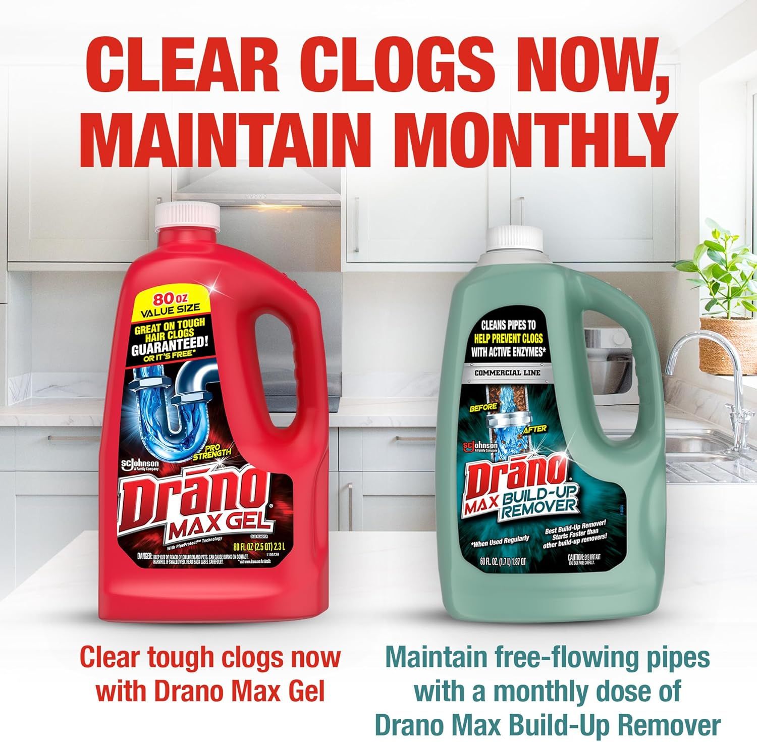 Communicates a two-part drain care system: one product for clearing tough clogs immediately and another for monthly maintenance to prevent future clogs. Showcases the Drano brand's product portfolio…