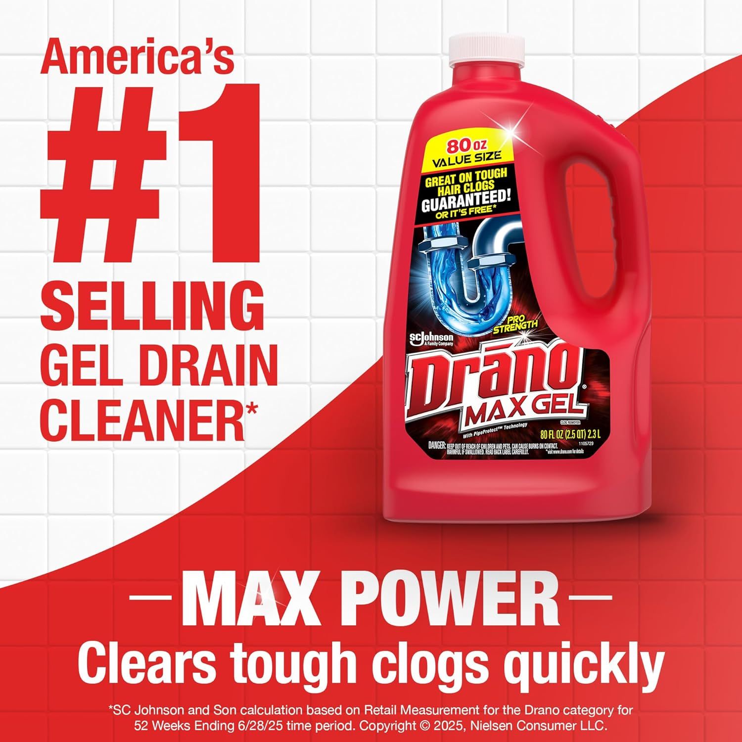 Communicates market leadership and dominance to build trust and credibility with shoppers by highlighting that this is America's top-selling gel drain cleaner. Reinforces the product's core benefit…