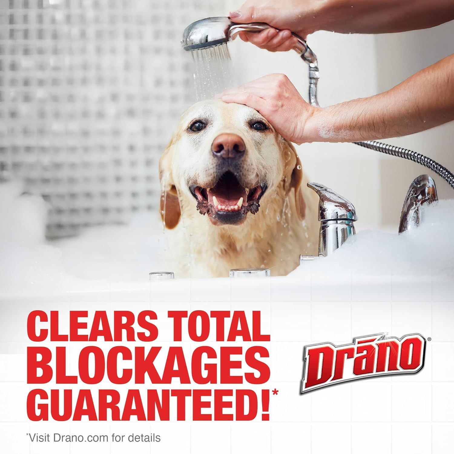 Communicates the product's guaranteed effectiveness at clearing drain blockages, using a lifestyle context to demonstrate the product's use case and build confidence in its performance.