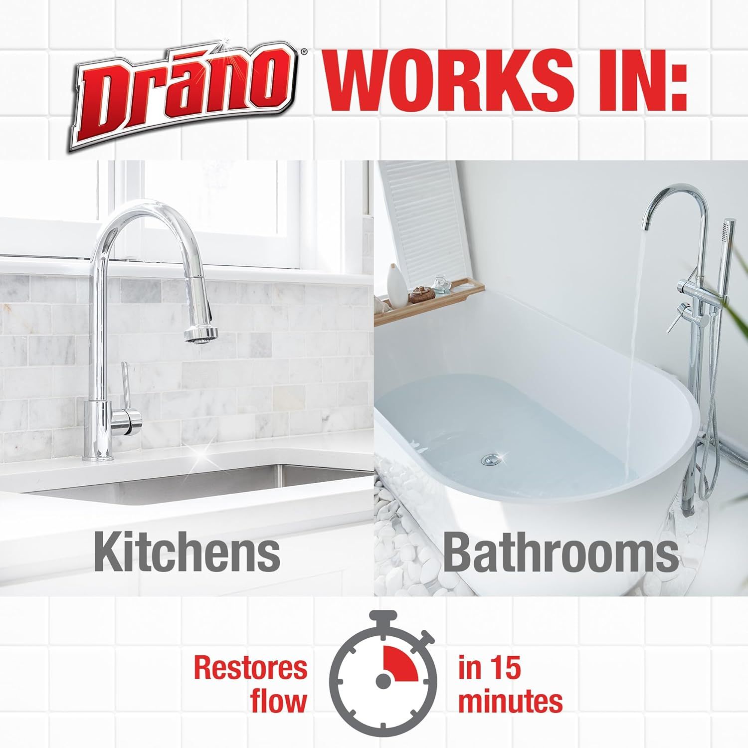 Demonstrates that Drano works effectively in multiple areas of the home—both kitchen sinks and bathroom fixtures—to restore water flow quickly. Highlights the product's fast-acting performance with…