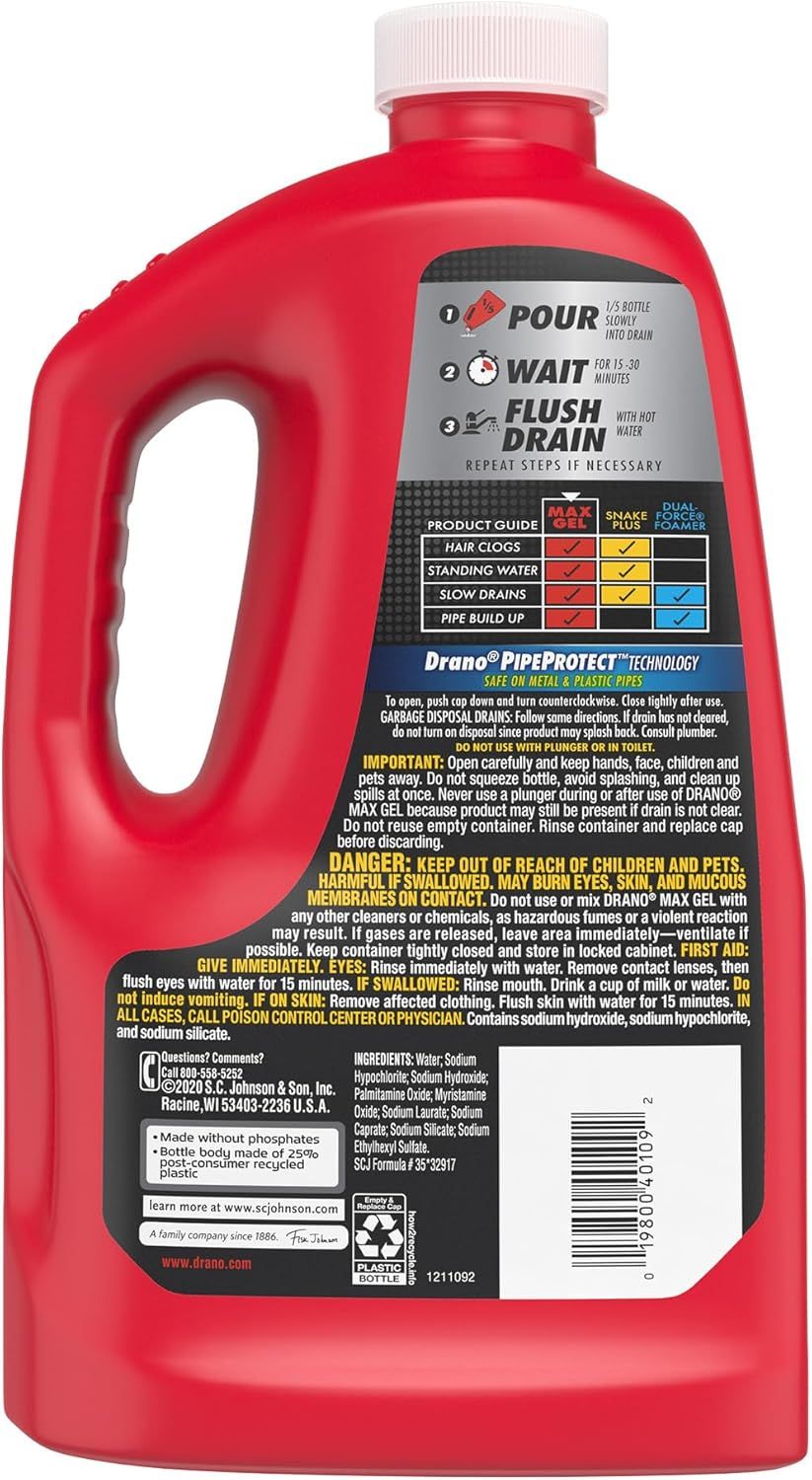 Provides clear step-by-step instructions on how to use the drain cleaner product, showing shoppers the simple pour-wait-flush process to reassure them of ease of use. Compares this Max Gel product…