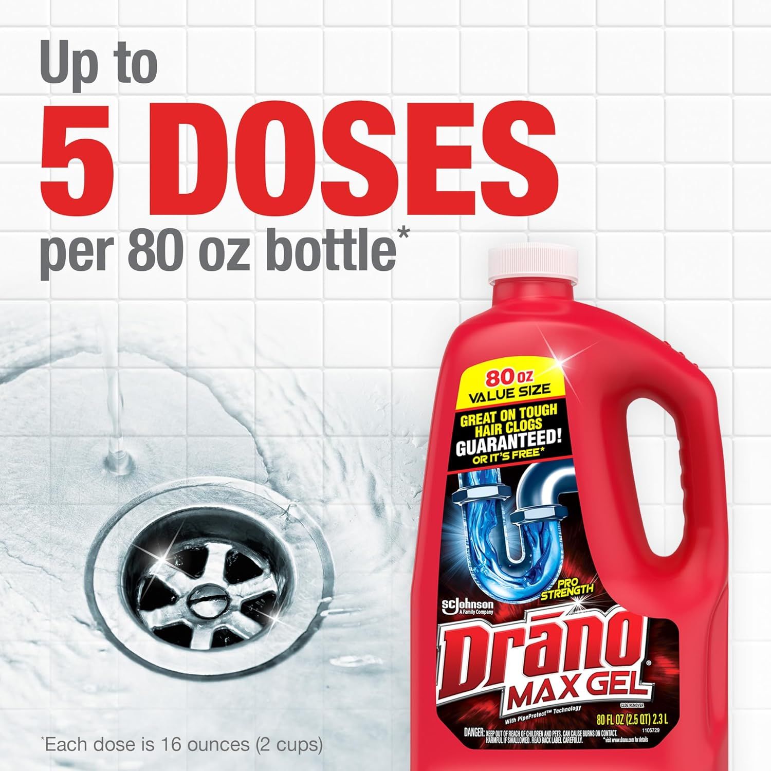 Communicates the product's high capacity and value by emphasizing that one 80 oz bottle provides up to 5 doses, helping shoppers understand the product's efficiency and cost-effectiveness.…