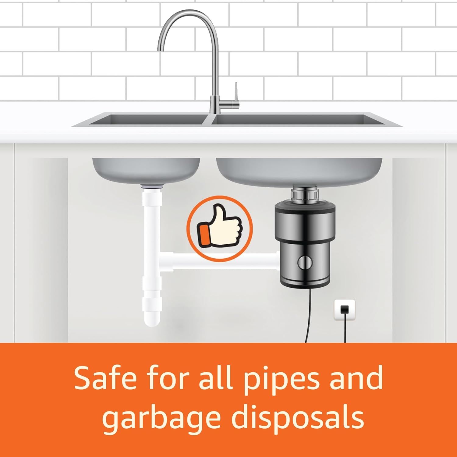 Reassures shoppers that the product is safe to use with all types of plumbing and garbage disposal systems, eliminating concerns about potential damage. Communicates the key benefit that the product…