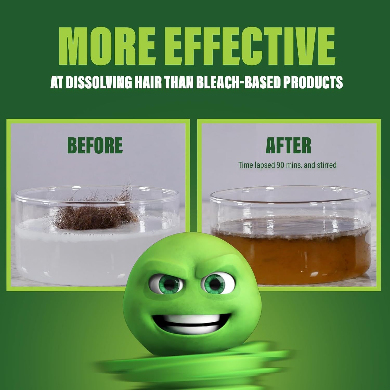 Demonstrates the product's superior effectiveness at dissolving hair compared to bleach-based competitors by showing a clear visual transformation from before to after use. Positions the product as…