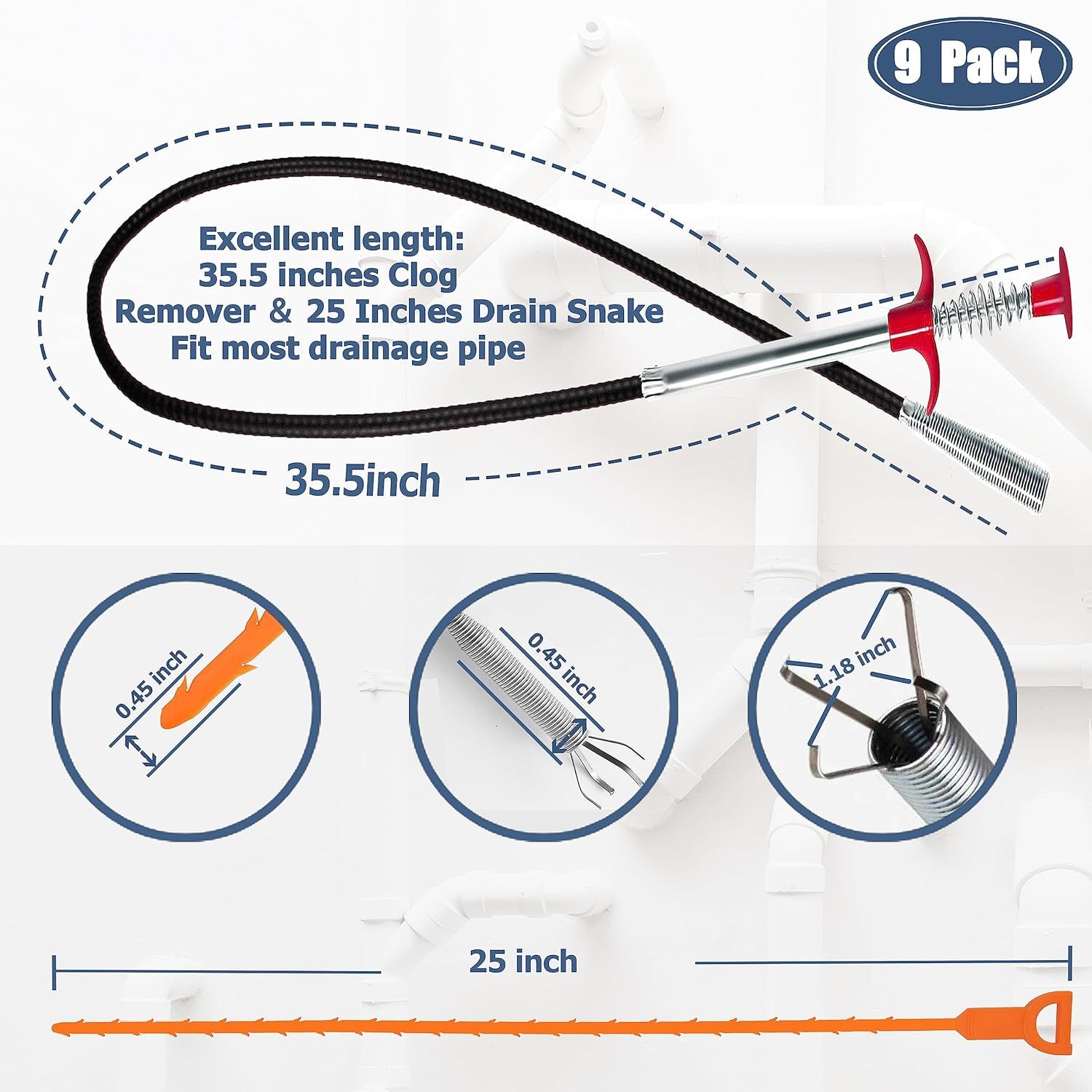 Breaks down the physical components and dimensions of the drain cleaning tools, showing shoppers the exact measurements and parts to help them understand what they're getting and ensure…
