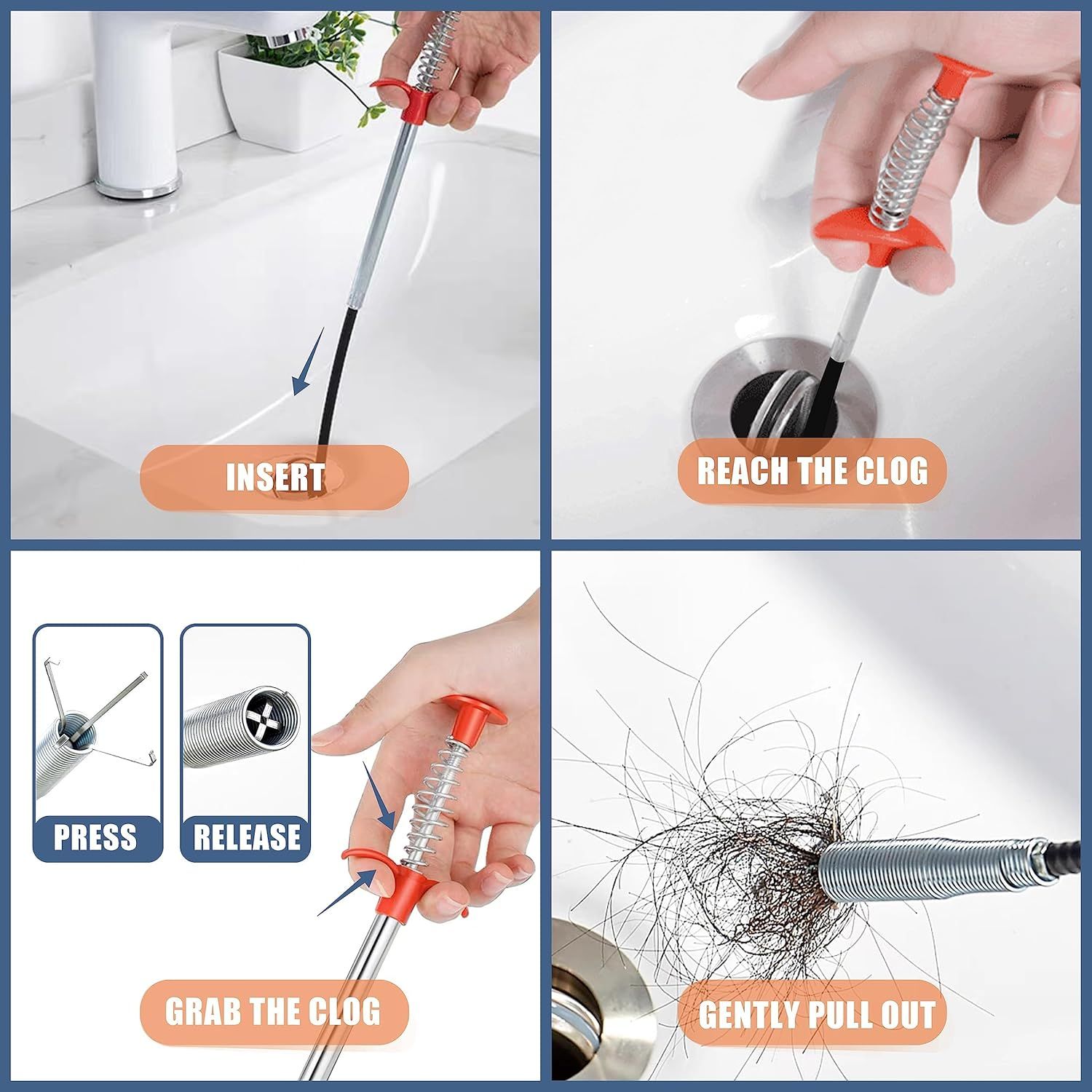 Demonstrates the step-by-step process for using the drain cleaning tool to remove clogs, reassuring shoppers that the product is easy to use and effective.