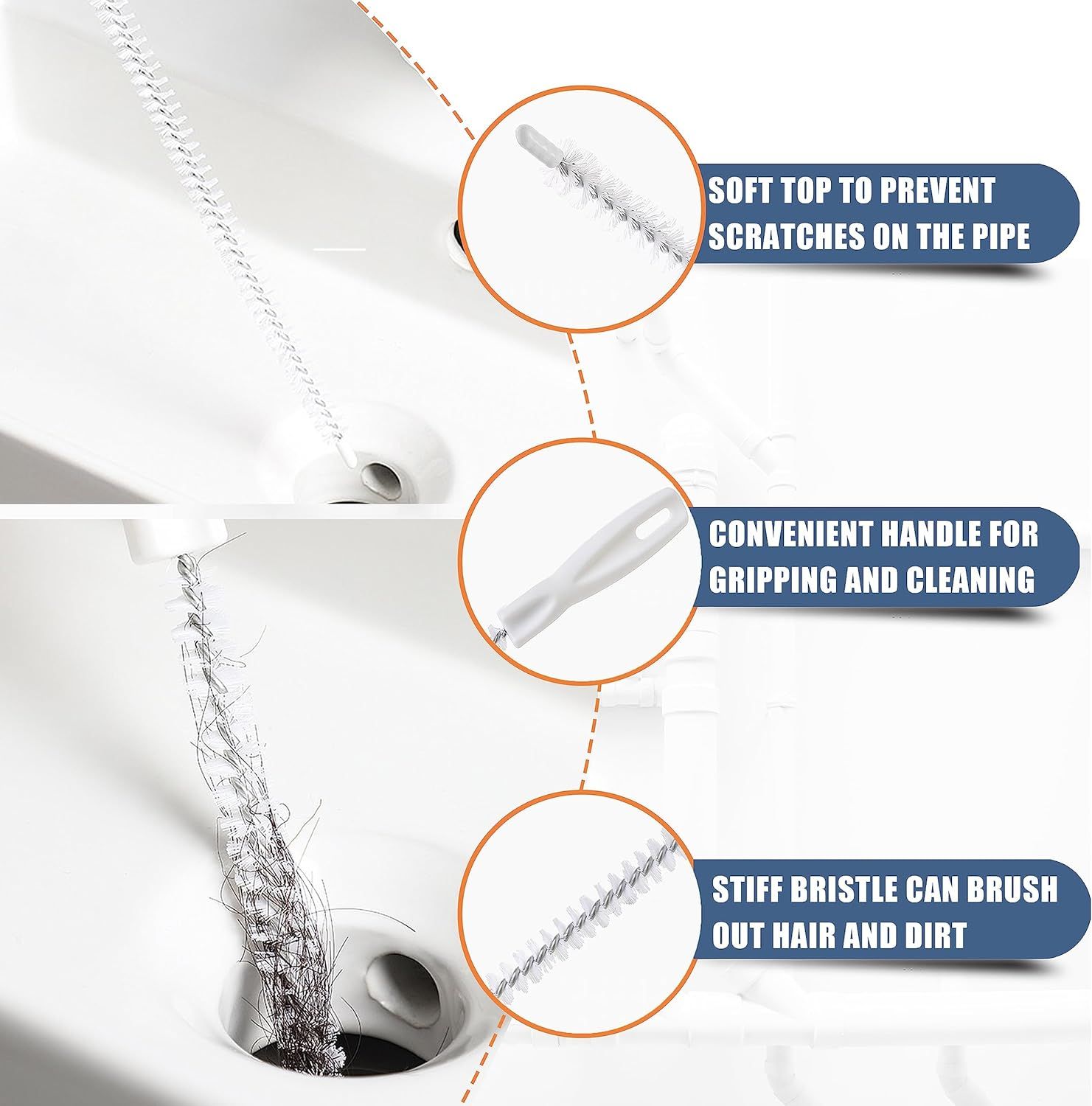 Breaks down the physical components of the pipe cleaning brush to show shoppers the specific design features that make it effective and safe for cleaning pipes. Highlights three distinct benefits of…