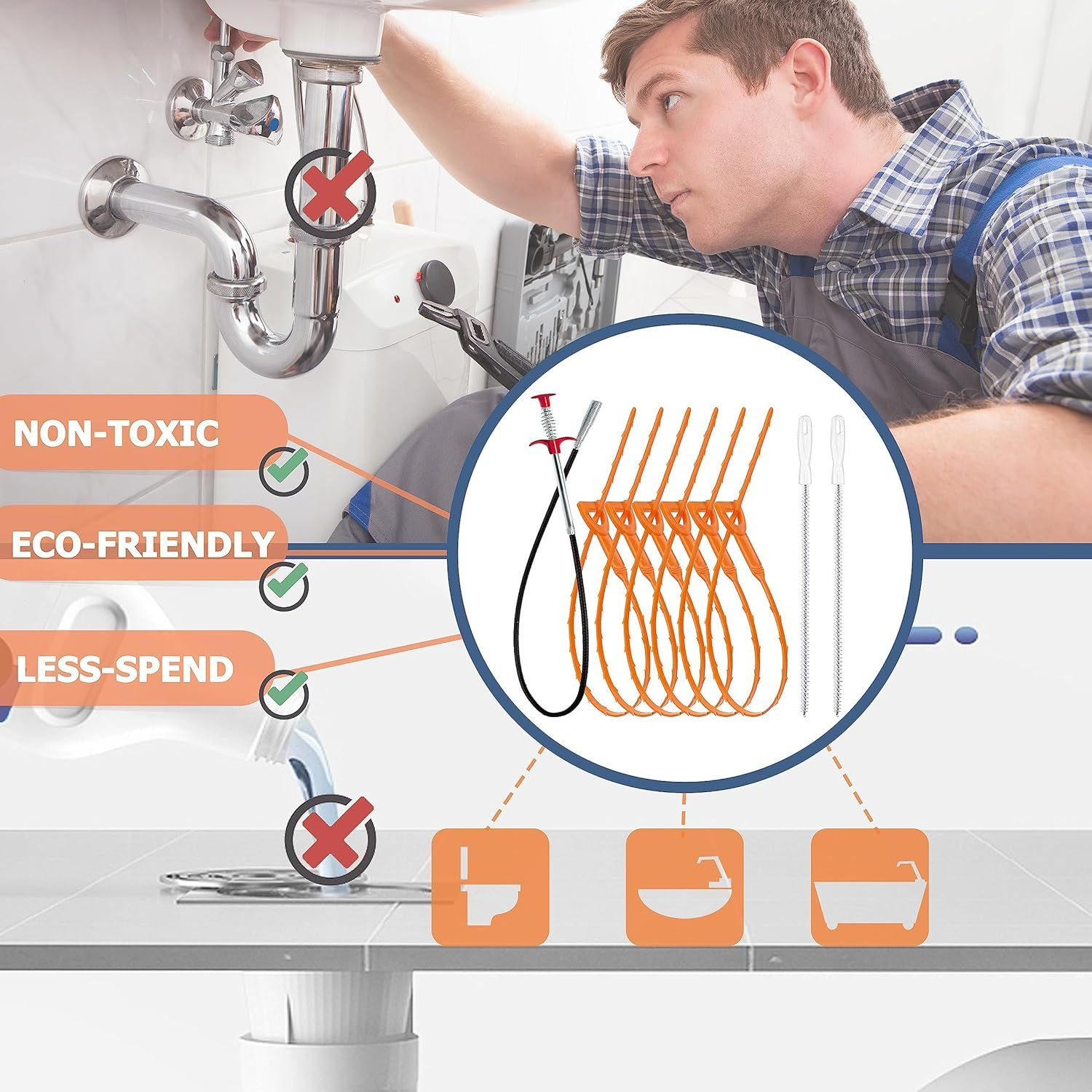 Demonstrates the product's versatility by showing it can be used in multiple plumbing scenarios throughout the home, including toilets, sinks, and bathtubs. Highlights three distinct benefits of the…