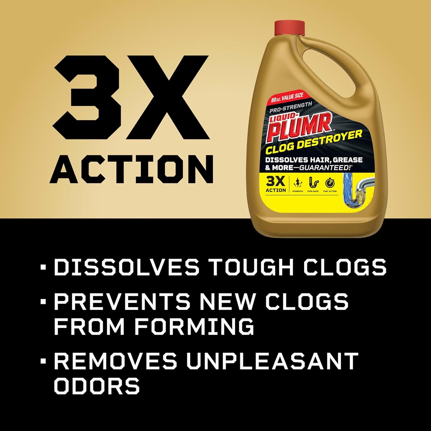 Communicates the product's superior performance with a bold 3X action claim, emphasizing its effectiveness at dissolving tough clogs, preventing new clogs, and removing odors. Highlights three…