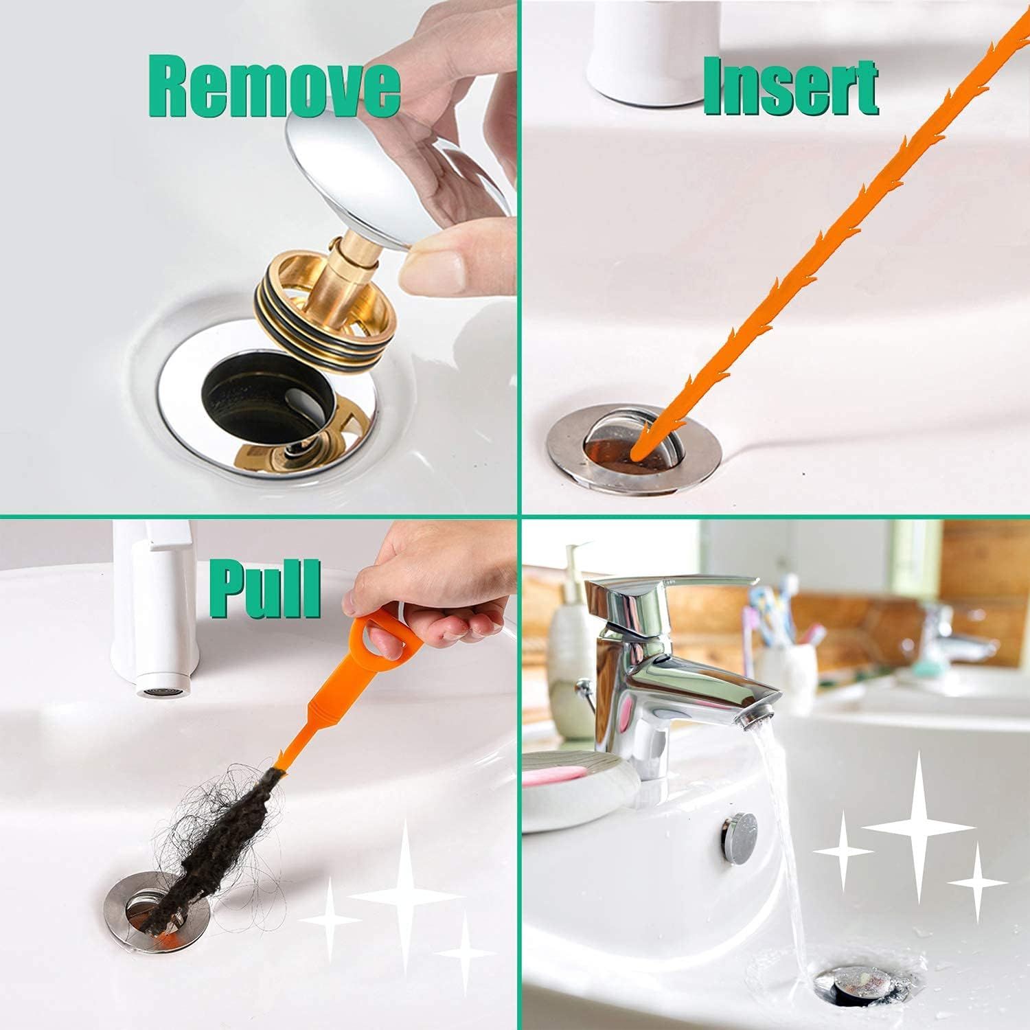 Demonstrates the step-by-step process of using the drain cleaning tool to remove clogs, showing shoppers exactly how to remove the drain cover, insert the tool, pull out debris, and achieve a clean…