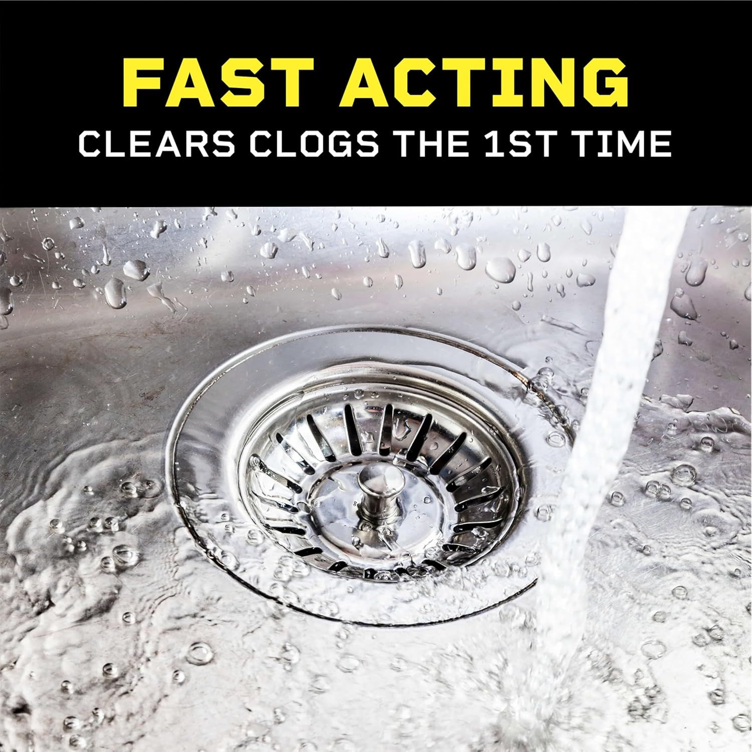 Communicates the product's speed and effectiveness at clearing drain clogs on the first use, reassuring shoppers of quick results.