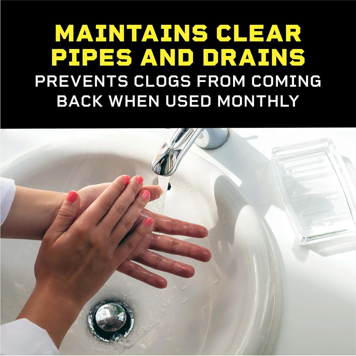 Communicates that regular monthly use of the product maintains clear pipes and drains by preventing clogs, reassuring shoppers of its preventative maintenance benefits.
