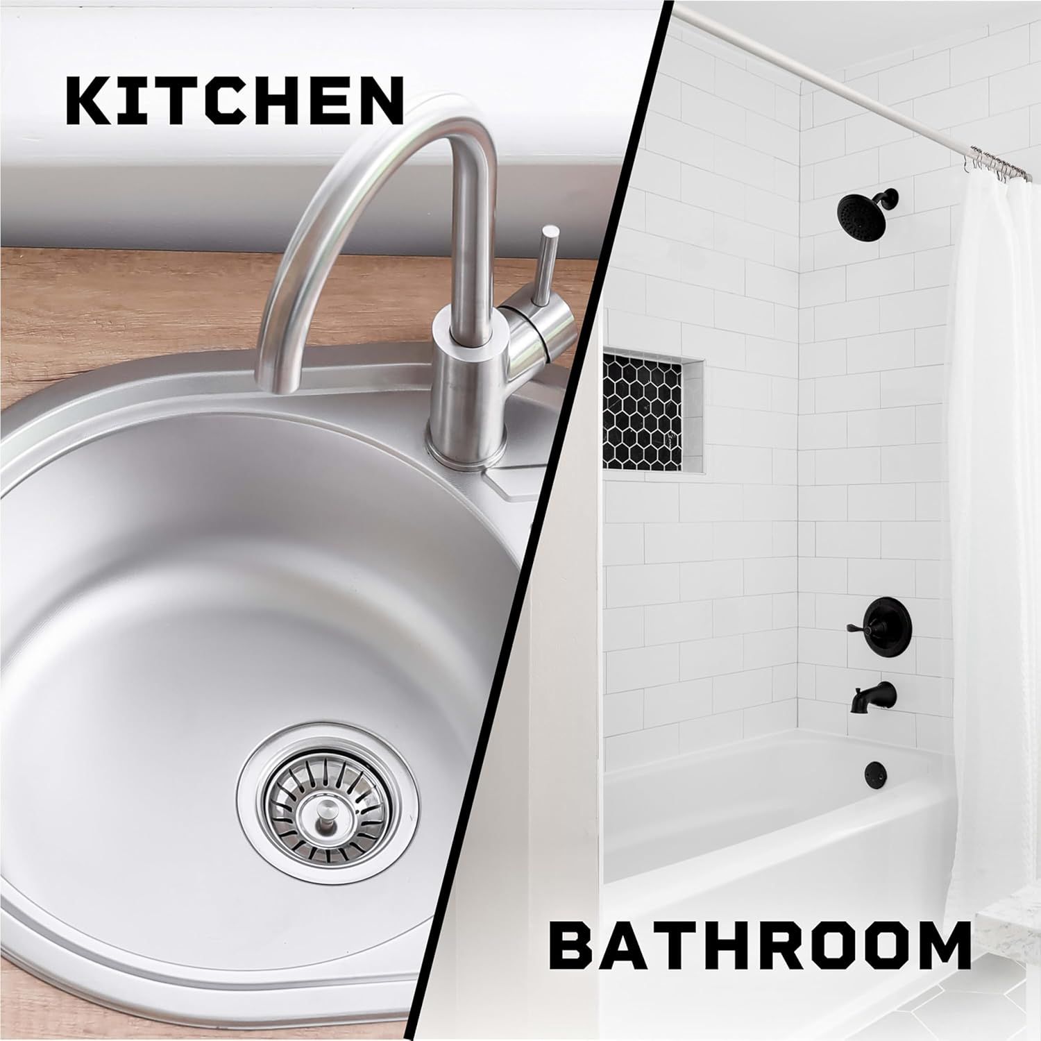 Demonstrates the product's versatility by showing it can be used in multiple environments—both kitchen and bathroom settings—to reassure shoppers of its wide applicability.