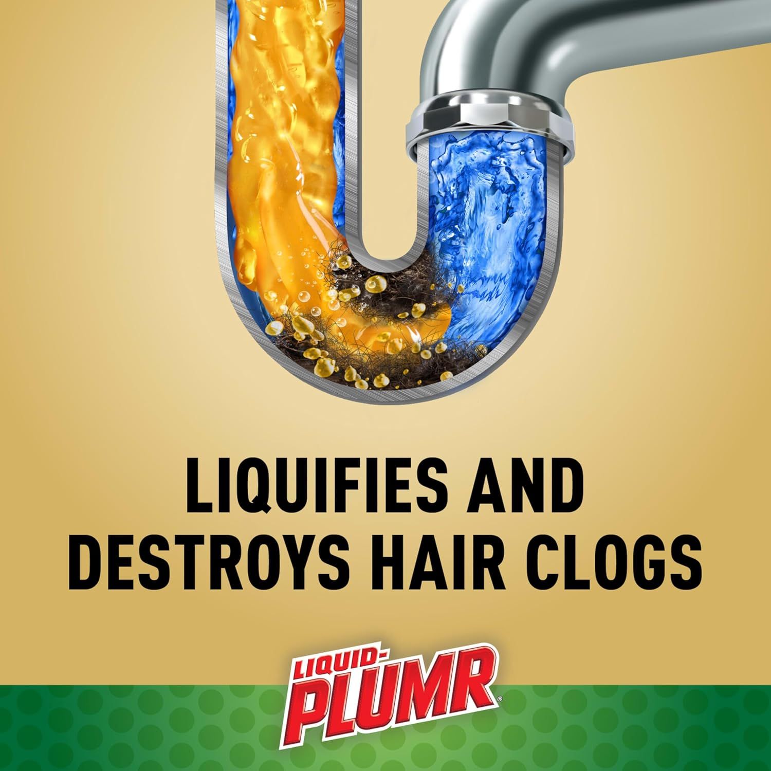 Communicates the product's primary benefit of effectively breaking down and eliminating hair clogs in drains, reassuring shoppers of its powerful cleaning capability.