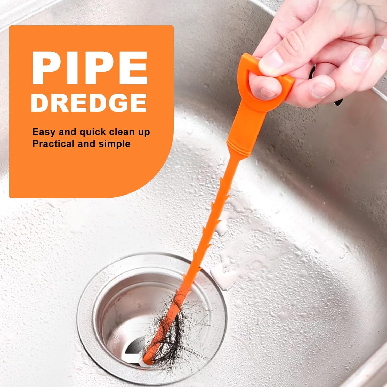 Demonstrates how to use the pipe dredge tool to clean drains, emphasizing the ease and simplicity of the cleaning process. Highlights the product's ease of use and practical design for quick drain…