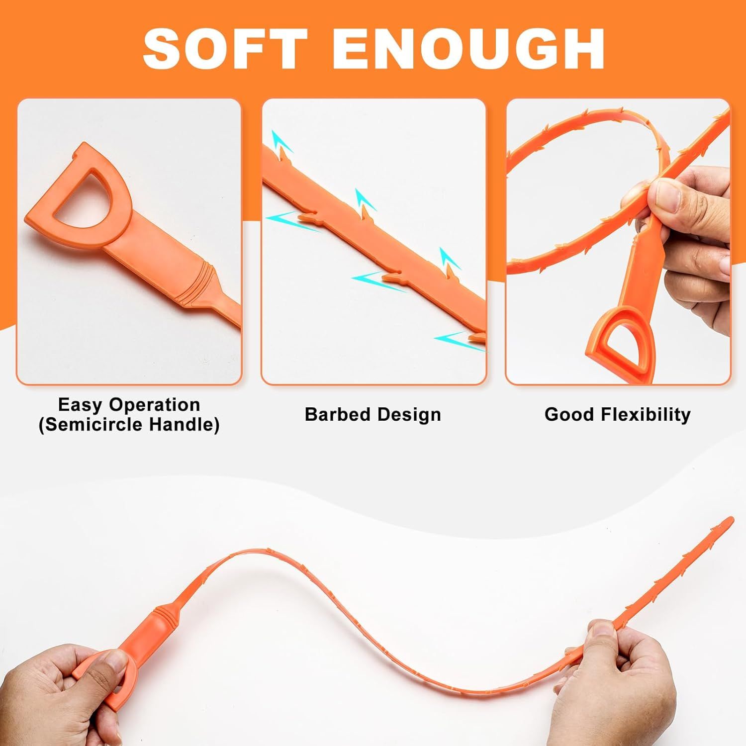 Communicates three distinct product benefits in a segmented layout: the ergonomic handle design for ease of use, the barbed edges for effective cleaning, and the flexible material that allows the…