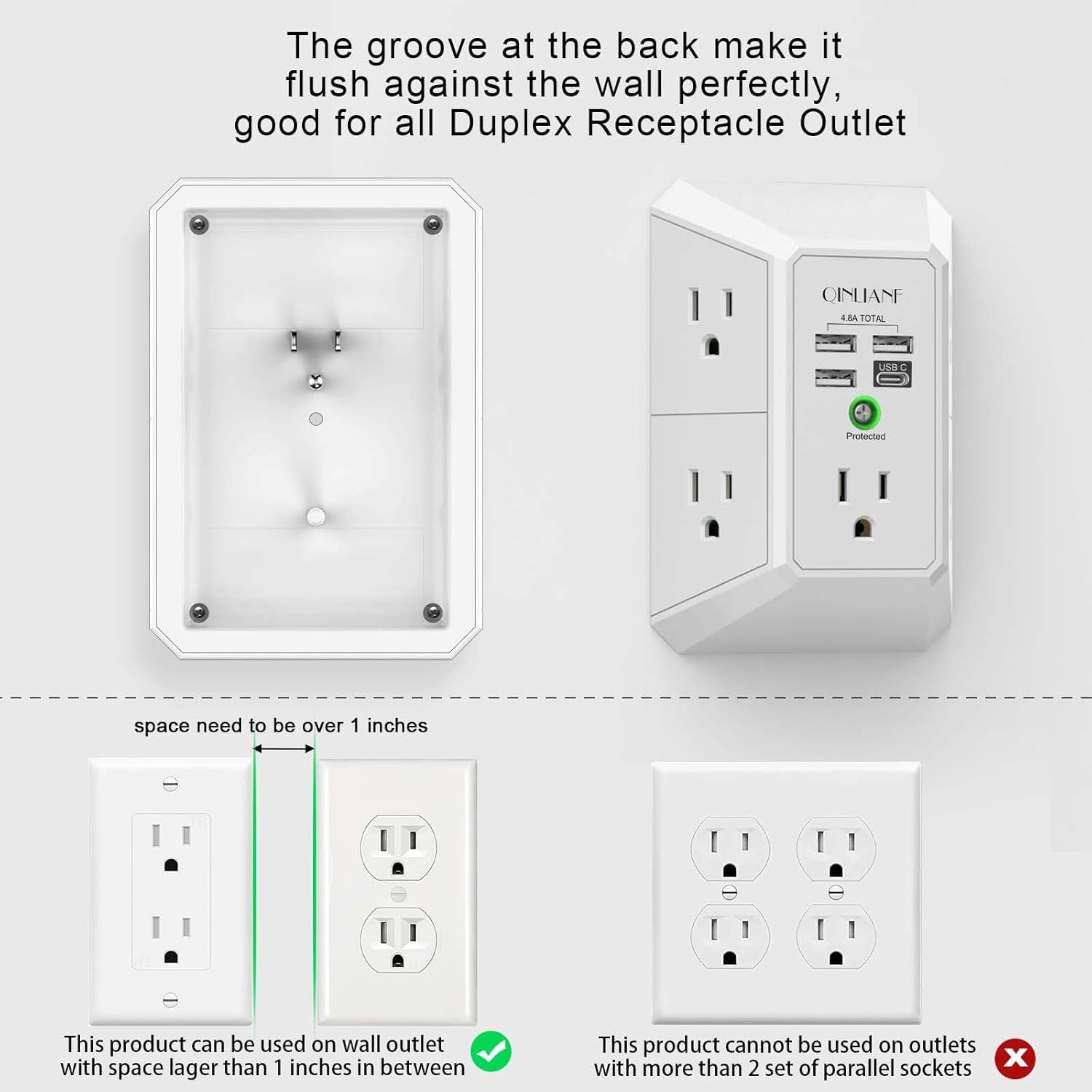 Demonstrates which types of wall outlets the product is compatible with and which configurations it cannot be used with, helping shoppers understand installation requirements and avoid purchasing…