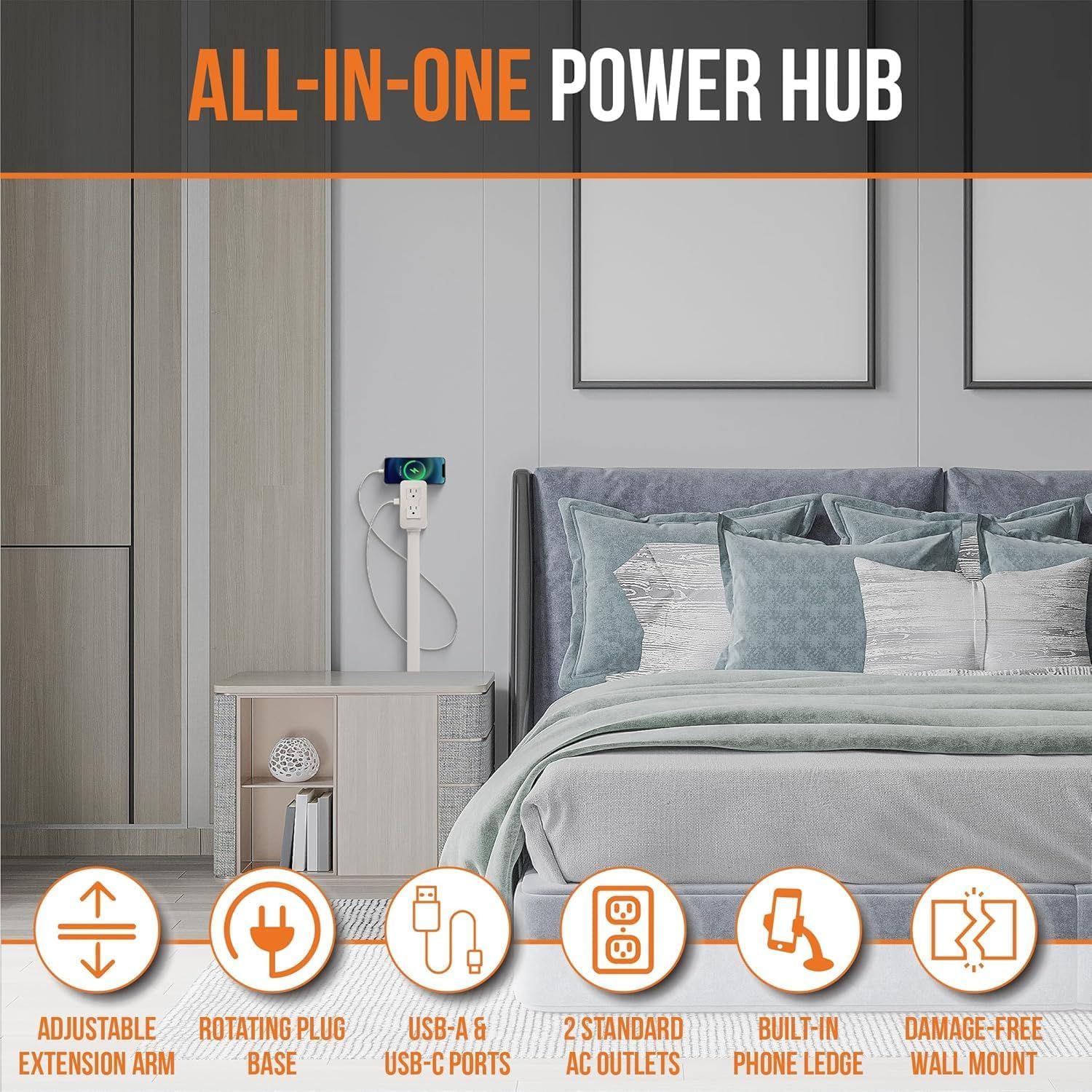 Showcases the multiple features and benefits of this all-in-one power hub, demonstrating its versatility and convenience for bedroom or home use with various charging and mounting capabilities.