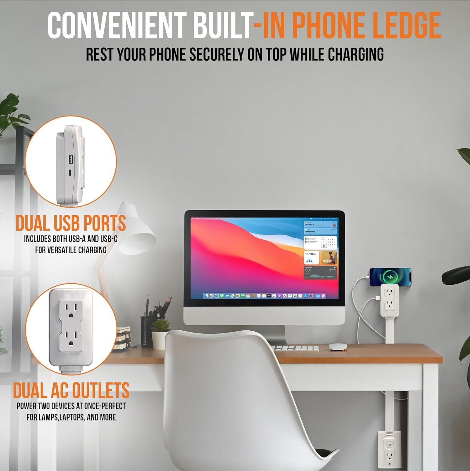 Communicates multiple key features of the charging device: the convenient phone ledge for secure placement while charging, dual USB ports (USB-A and USB-C) for versatile charging, and dual AC…