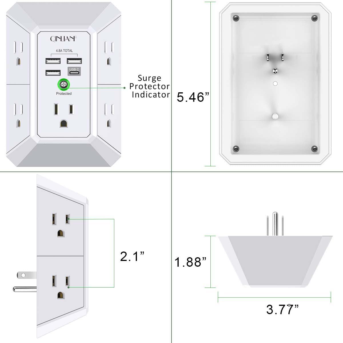 Communicates the exact physical dimensions of the wall outlet adapter from multiple angles (height, width, depth) to help shoppers understand how much space it will occupy and ensure it fits their…