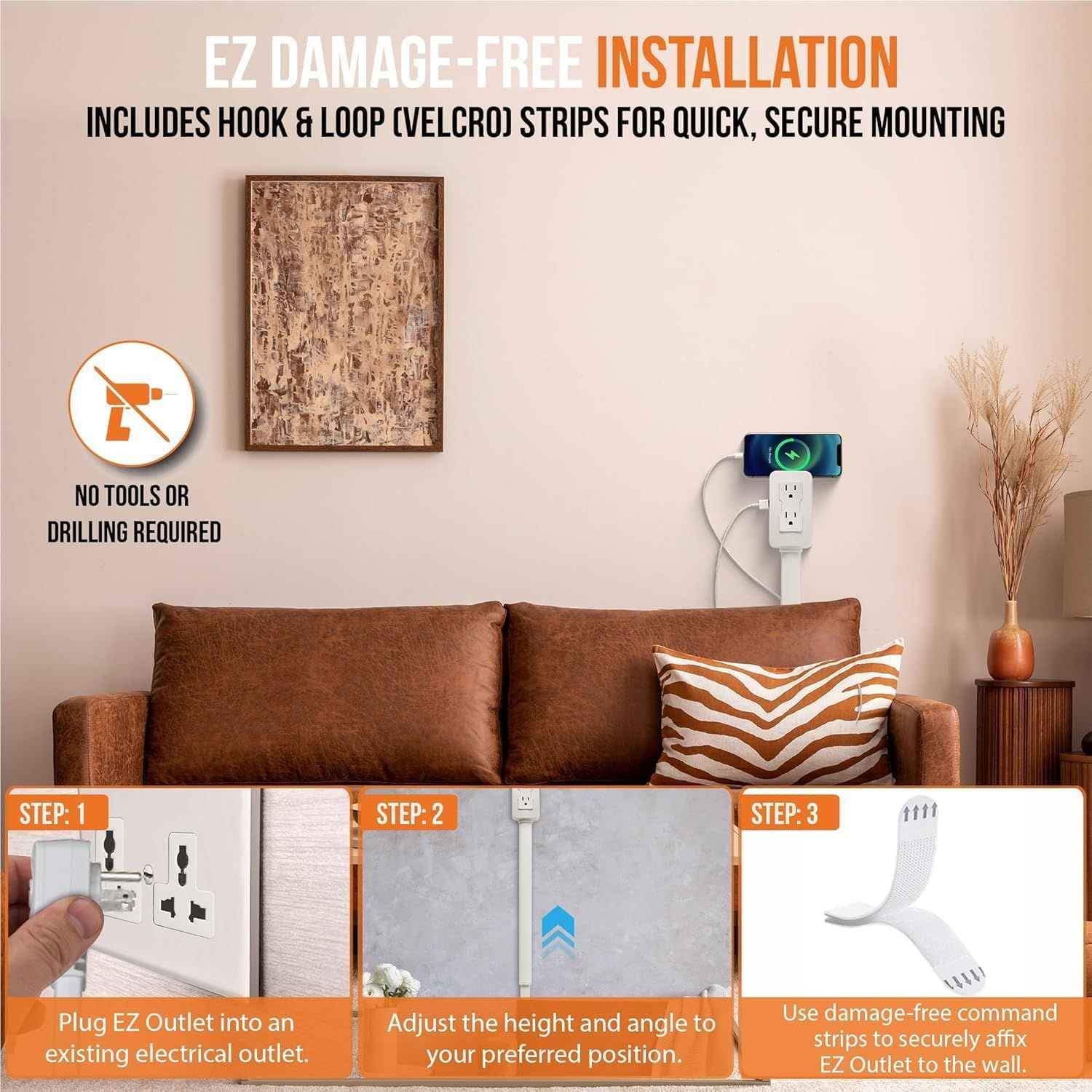 Demonstrates the simple 3-step installation process for the outlet product, emphasizing that no tools or drilling are required and that it uses damage-free Velcro mounting strips. Highlights the…