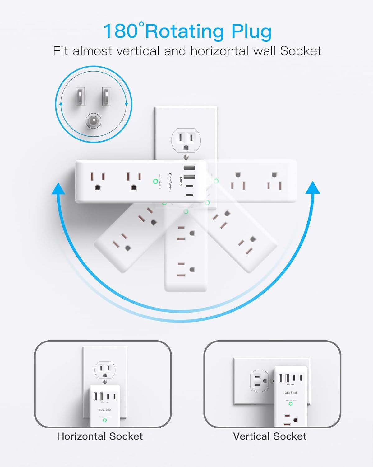 Demonstrates the product's rotating plug feature that allows it to fit both vertical and horizontal wall sockets, providing flexibility and convenience for different outlet orientations.