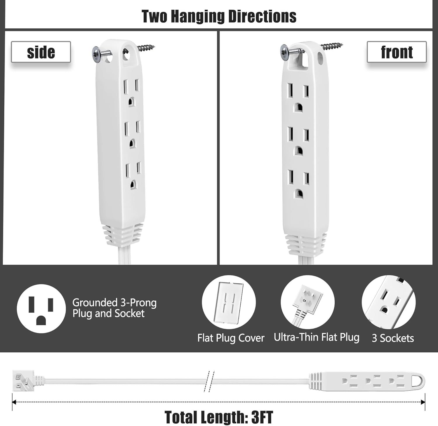 This image showcases multiple distinct features of the power strip including versatile hanging options, safety features, plug design, socket count, and cable length to communicate the product's…