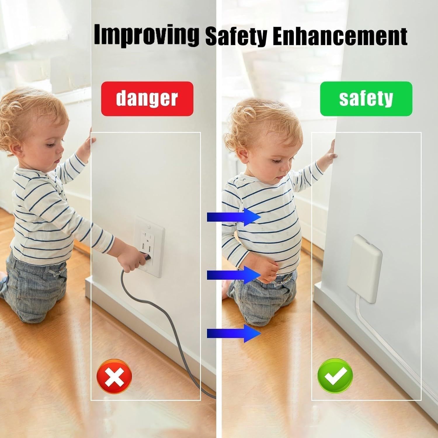 Demonstrates the transformation from a dangerous exposed electrical outlet to a safe, covered outlet, reassuring parents that the product protects children from electrical hazards. Highlights the…