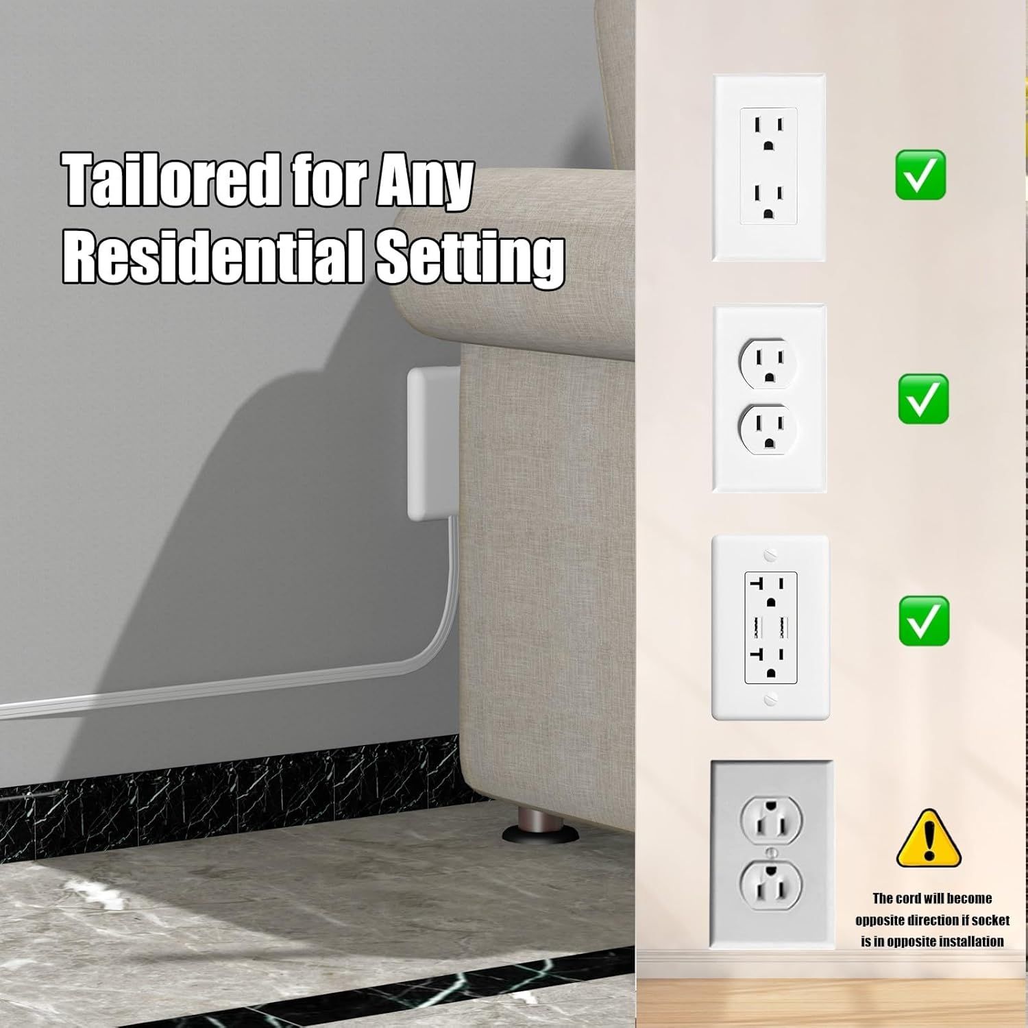 Demonstrates that the product is compatible with multiple types of residential electrical outlets, reassuring shoppers that it will work in their home regardless of outlet style.
