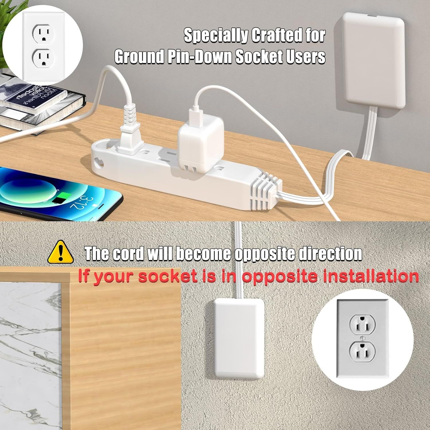 Explains how to properly use the product with ground pin-down socket configurations and warns about cord direction when the socket is installed in the opposite orientation. Demonstrates the product…