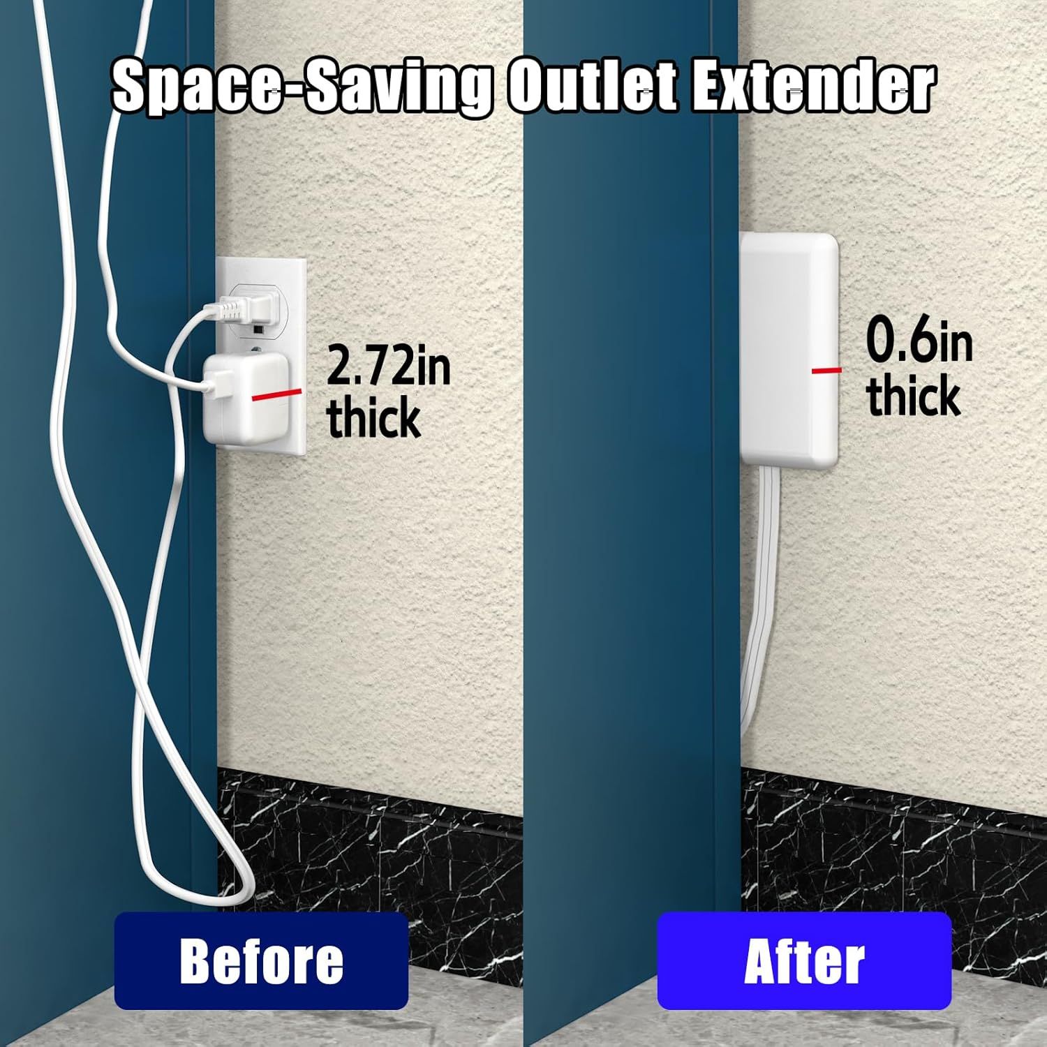 Demonstrates the transformation from a bulky outlet extender to a sleek, ultra-thin design that saves space and reduces wall protrusion. Highlights the specific thickness measurements (2.72in vs…