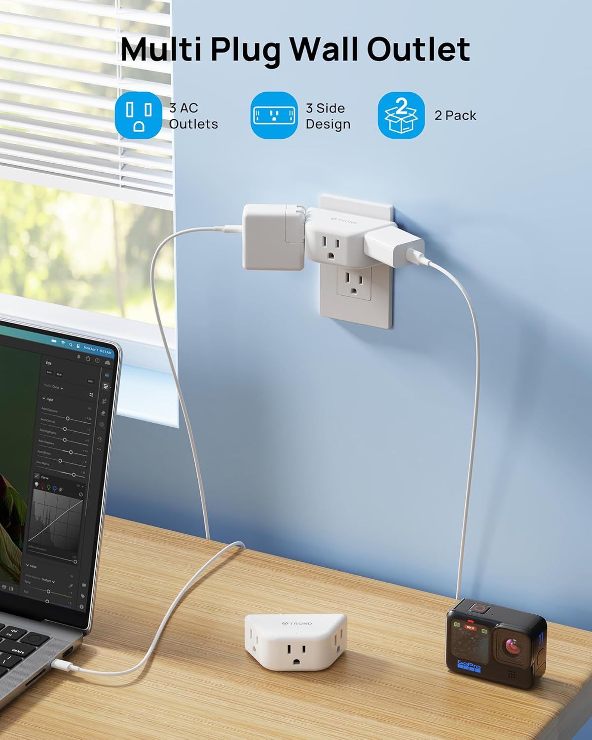 Communicates multiple key product features in a segmented layout with icons: the number of outlets, the multi-sided design for space efficiency, and the pack quantity, helping shoppers quickly…