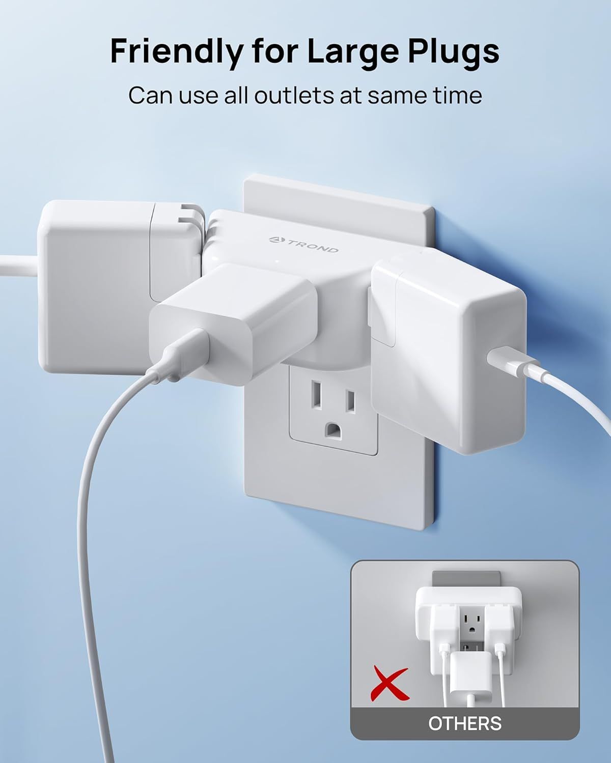 Demonstrates that this outlet extender accommodates large plugs without blocking adjacent outlets, unlike competing products that block access when bulky adapters are plugged in. Highlights the…