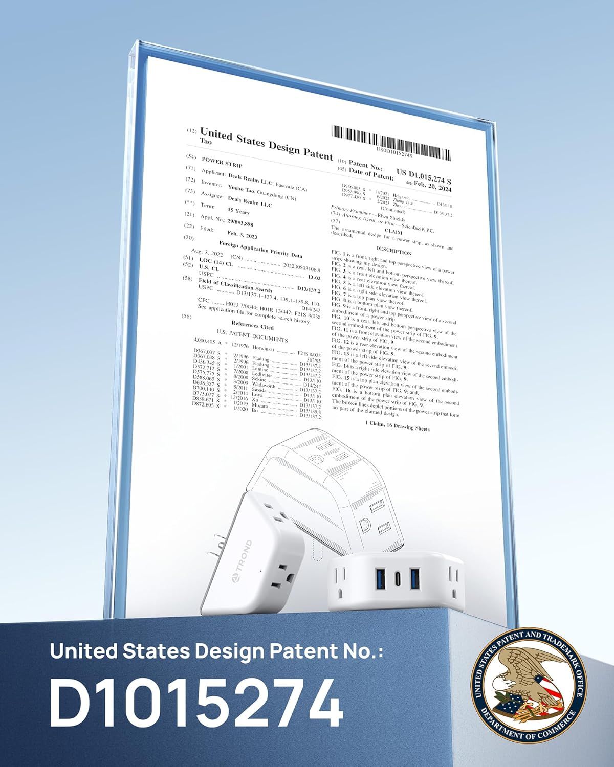 This image showcases the brand's U.S. Design Patent to establish credibility, innovation, and intellectual property ownership, reassuring shoppers of the product's authentic and legally protected…