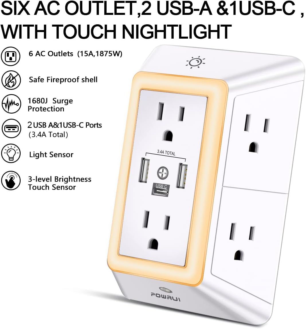 Communicates multiple key features and benefits of the outlet extender in a segmented layout with icons, reassuring shoppers of its safety, capacity, and smart lighting functionality.