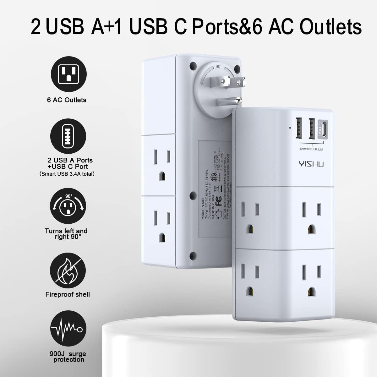 Communicates multiple key features and benefits of the power strip in a visually segmented layout with icons and callouts, helping shoppers quickly understand the product's versatility, safety…