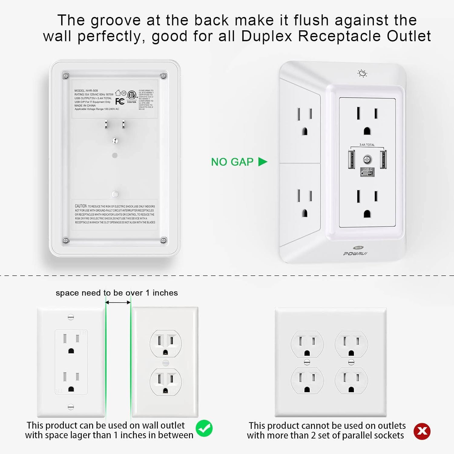 Demonstrates which types of wall outlets the product is compatible with and which configurations it cannot be used with, helping shoppers understand installation requirements and limitations.