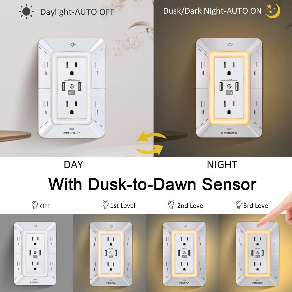 Demonstrates how the outlet's automatic light sensor works, turning on at night and off during the day, and shows the three adjustable brightness levels available to the user. Highlights multiple…
