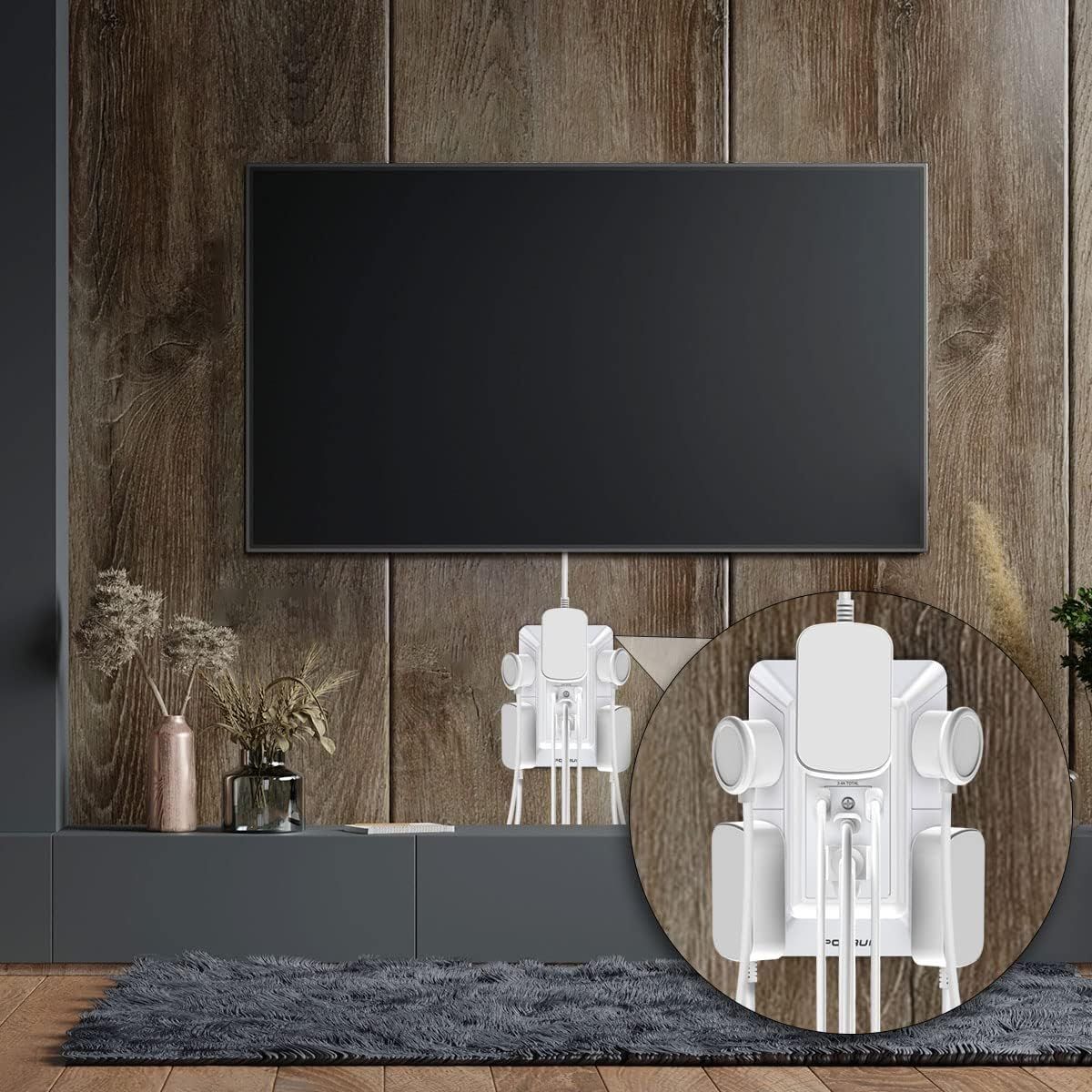 Demonstrates the product's cable management design by showing a zoomed-in top-down view of how cables are organized and routed through the mounting system, reassuring shoppers about clean…